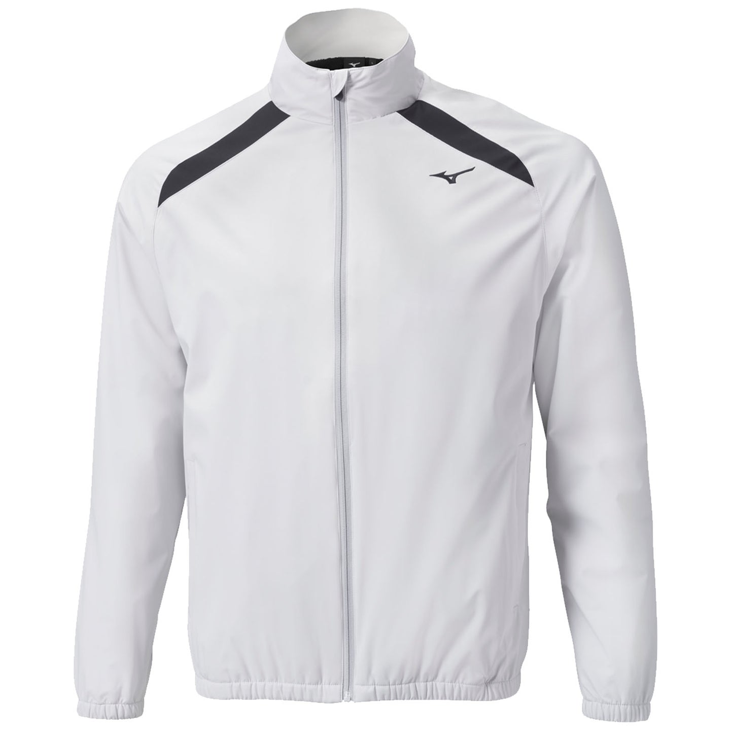 A white athletic jacket is displayed featuring black accents and a zipper up the front with a high collar set against a plain background.
