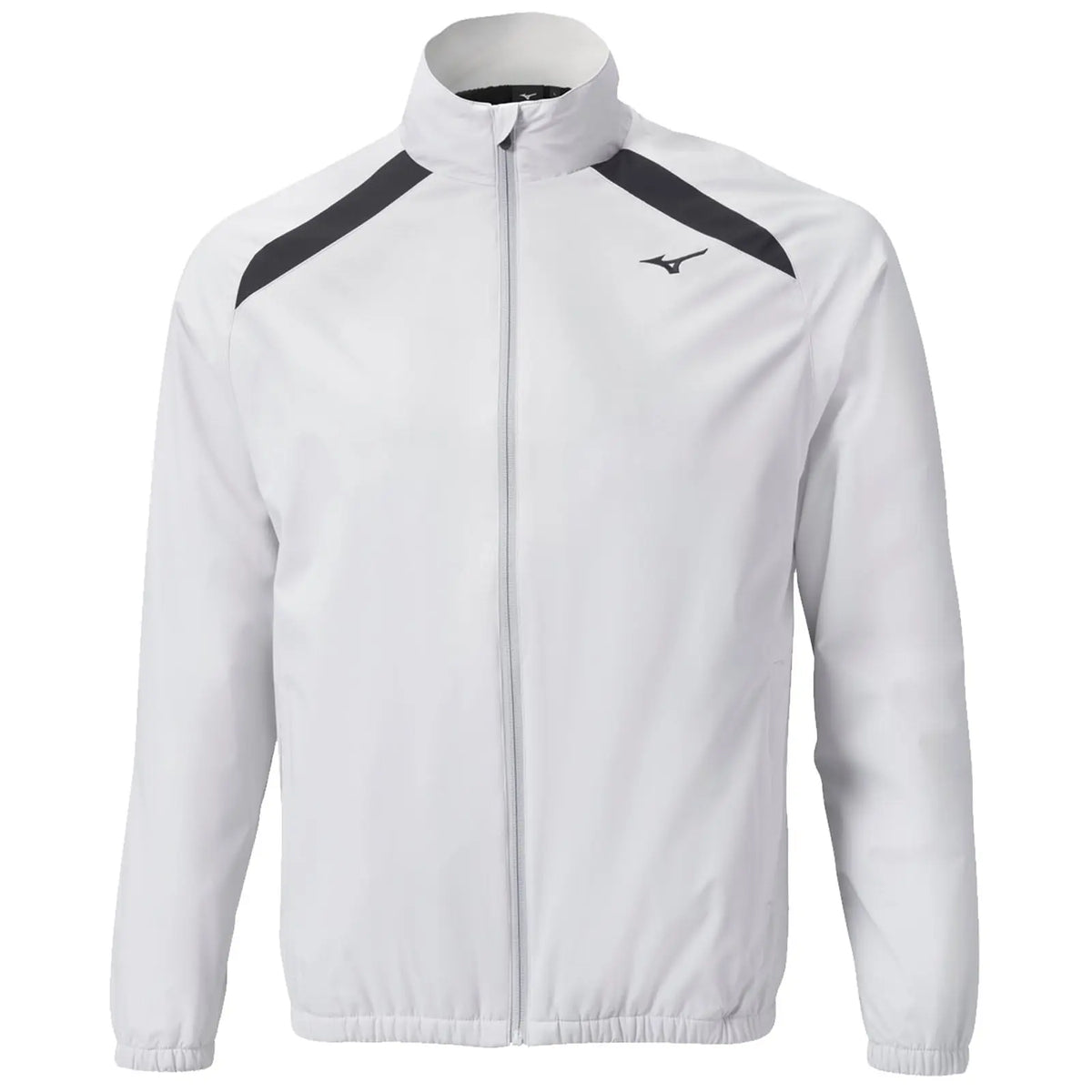 A white athletic jacket is displayed featuring black accents and a zipper up the front with a high collar set against a plain background.
