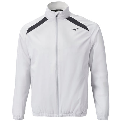 A white athletic jacket is displayed featuring black accents and a zipper up the front with a high collar set against a plain background.