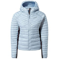 A light blue padded jacket with a hood is displayed front-facing featuring a zippered closure and contrasting dark side panels suitable for outdoor activities in cool weather.
