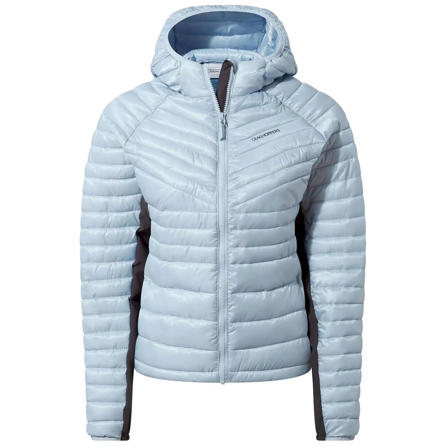 A light blue padded jacket with a hood is displayed front-facing featuring a zippered closure and contrasting dark side panels suitable for outdoor activities in cool weather.