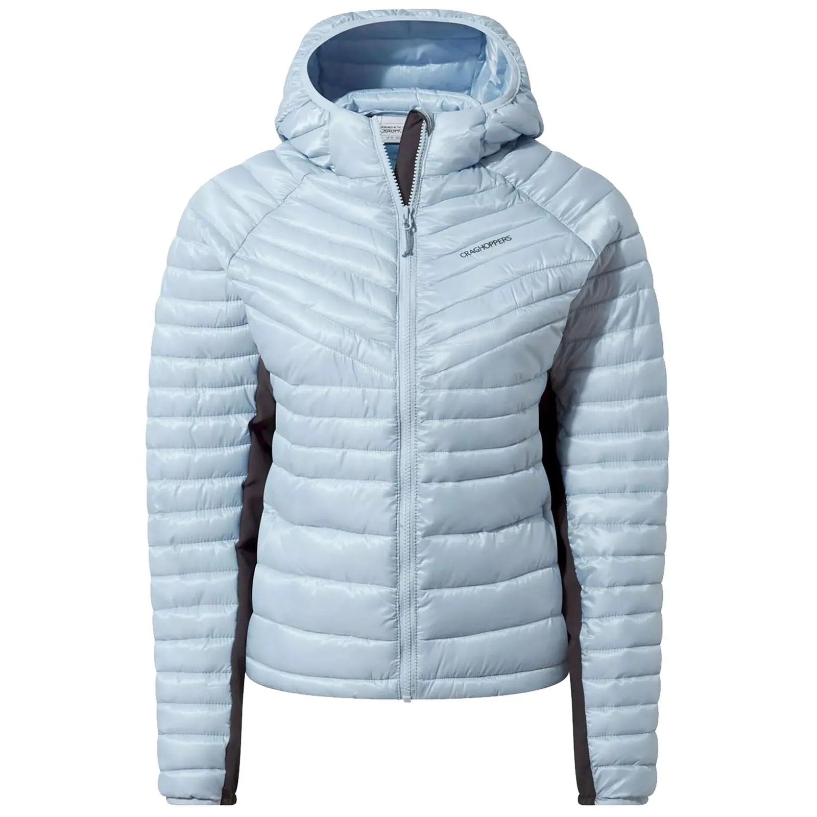 A light blue padded jacket with a hood is displayed front-facing featuring a zippered closure and contrasting dark side panels suitable for outdoor activities in cool weather.
