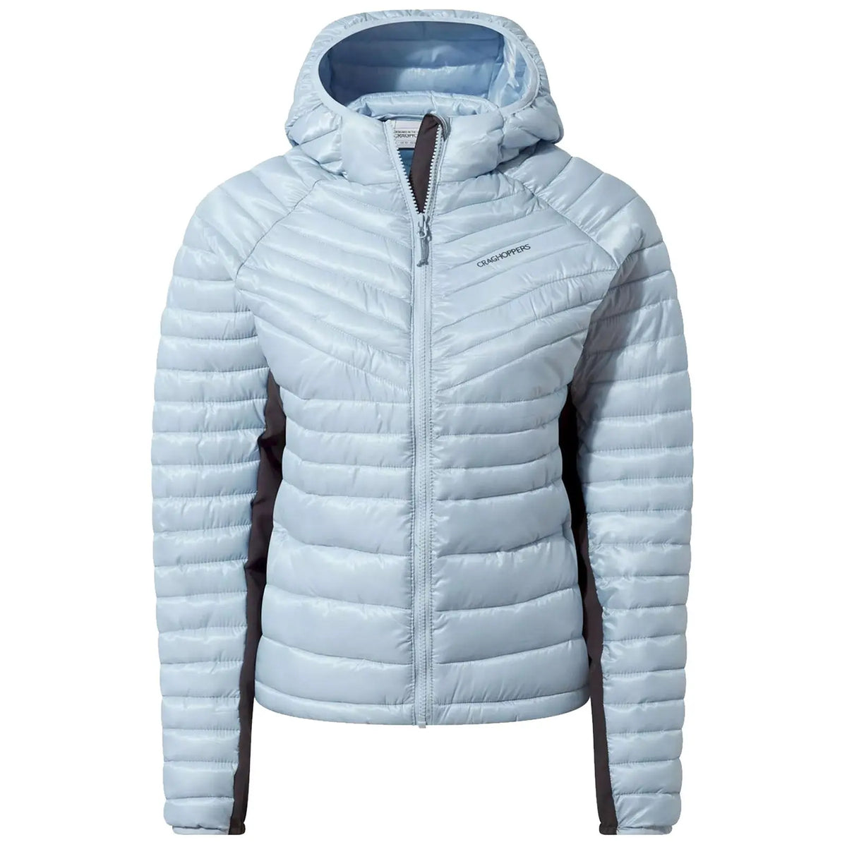 A light blue padded jacket with a hood is displayed front-facing featuring a zippered closure and contrasting dark side panels suitable for outdoor activities in cool weather.