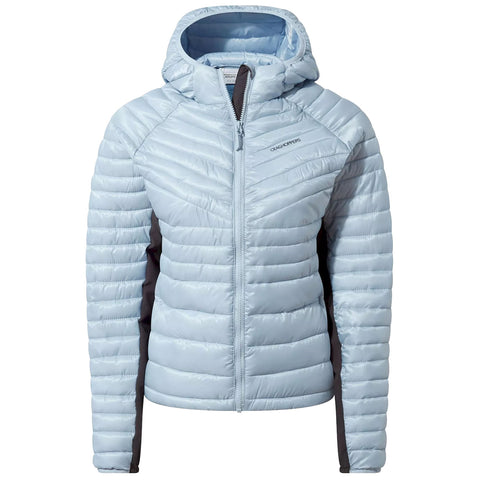 A light blue padded jacket with a hood is displayed front-facing featuring a zippered closure and contrasting dark side panels suitable for outdoor activities in cool weather.