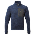 A dark blue pullover sweater features a quarter zip and a contrasting gray chest pocket with a zipper showcasing a casual style suitable for outdoor activities.