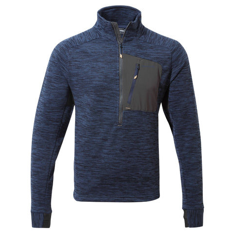 A dark blue pullover sweater features a quarter zip and a contrasting gray chest pocket with a zipper showcasing a casual style suitable for outdoor activities.