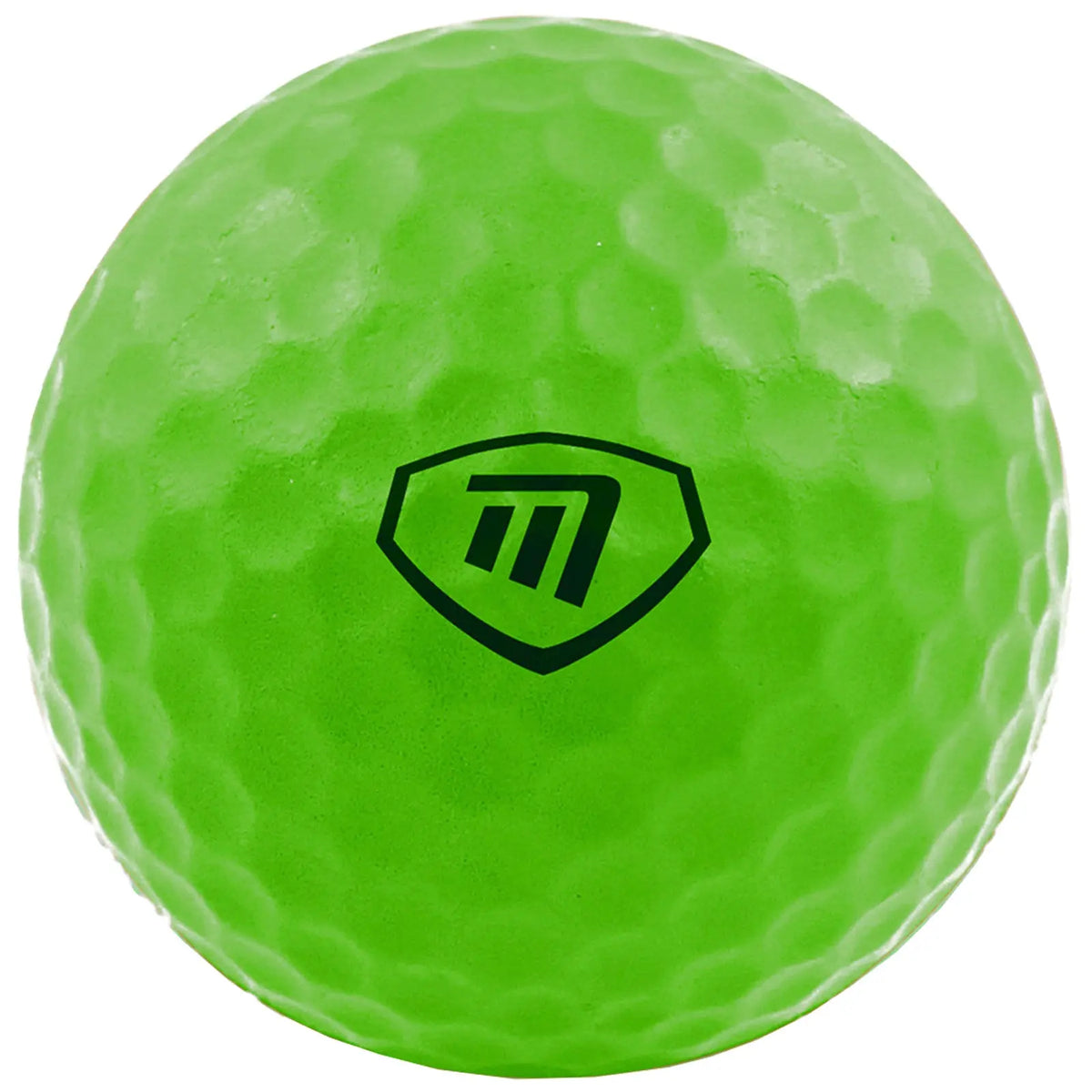 A bright green golf ball with a textured surface is centered, showcasing a black logo resembling an "M" within a shield, set against a plain white background.