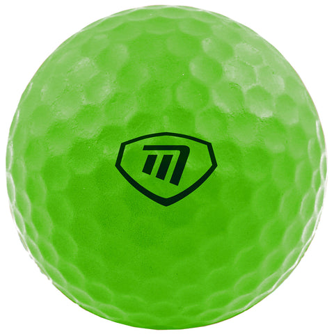 A bright green golf ball with a textured surface is centered, showcasing a black logo resembling an "M" within a shield, set against a plain white background.