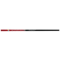A golf club shaft is displayed horizontally featuring a red and black design with the text HZRDUS and RDMX clearly visible alongside distinct logo symbols on one end