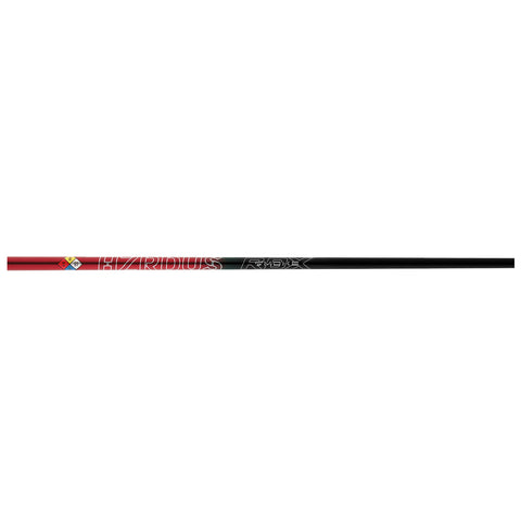 A golf club shaft is displayed horizontally featuring a red and black design with the text HZRDUS and RDMX clearly visible alongside distinct logo symbols on one end