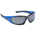 Sporty sunglasses with a blue and black frame rest on a flat surface the lenses are tinted dark which suggests they are designed for outdoor use in bright conditions