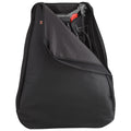 A large black carrying bag is partially open revealing a folded item inside with a handle and some visible wires showcasing its compact design for transport.