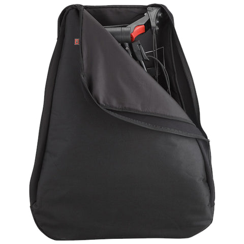 A large black carrying bag is partially open revealing a folded item inside with a handle and some visible wires showcasing its compact design for transport.