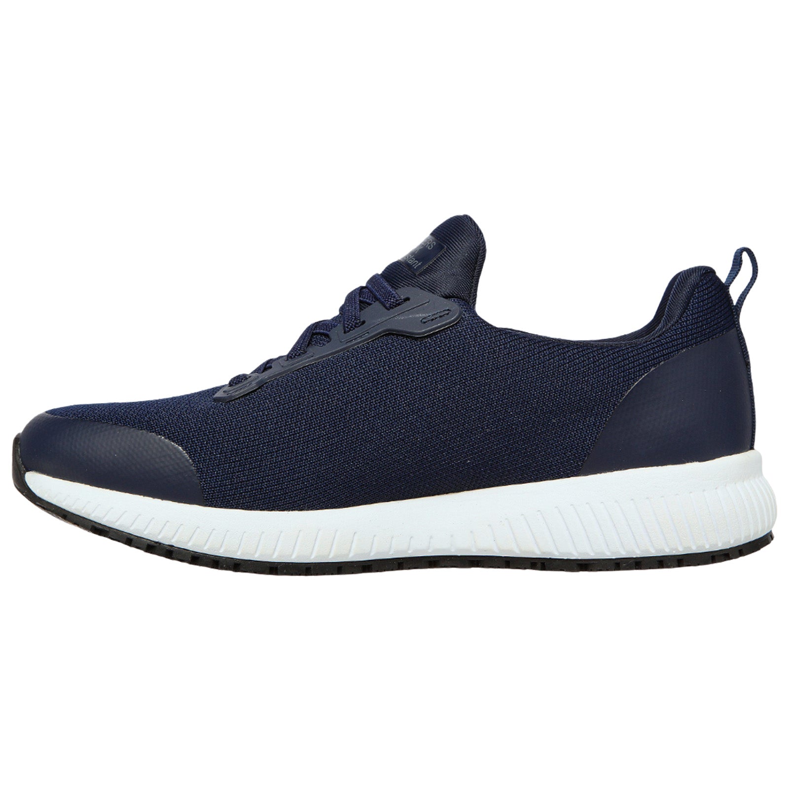 A navy blue sneaker features a textured upper mesh with a smooth toe cap and a contrasting white midsole, set against a plain background, emphasizing its athletic design.