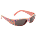 Colorful sunglasses feature a floral pattern on a pink frame with dark lenses resting horizontally against a neutral background