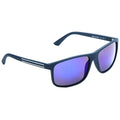 Sunglasses with dark frames and purple reflective lenses rest on a flat surface showcasing a modern design suitable for outdoor activities or fashion accessories.
