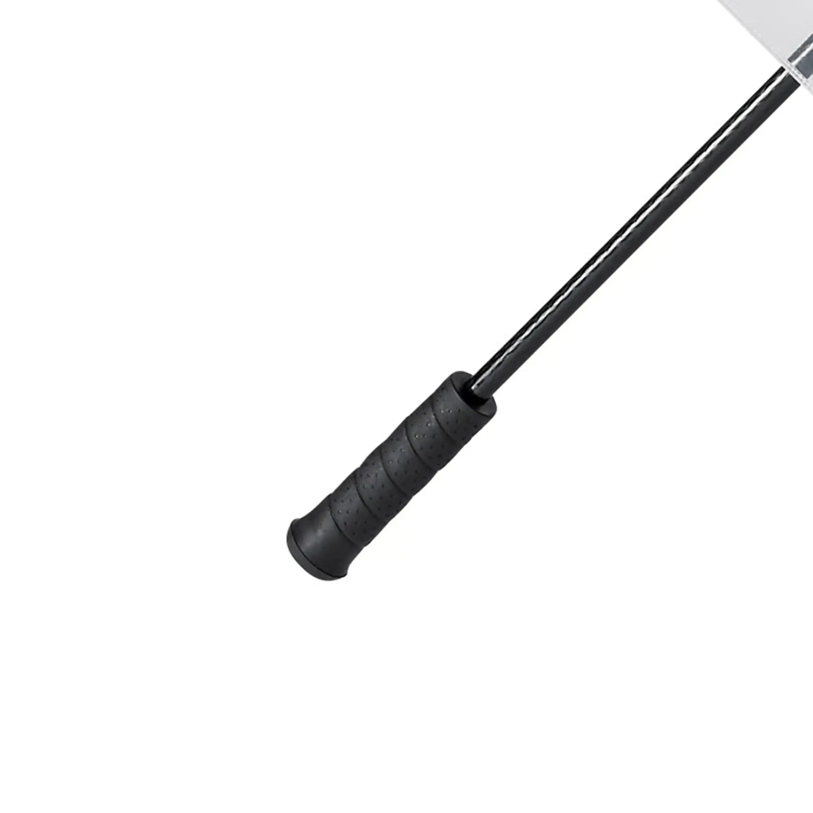 A black handled cooking utensil with a long handle and a flat blade is positioned diagonally against a plain white background suggesting it is meant for use in food preparation