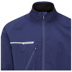 A navy jacket made of fabric features a high collar and a zippered pocket on the left side with a white logo stating "stuburt" positioned on the chest.