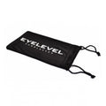 A black drawstring pouch is lying flat displaying the text EYELEVEL SUNGLASSES on its surface. The pouch is designed to hold sunglasses and is set against a plain white background.