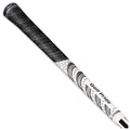 A golf club grip is displayed vertically featuring a textured black upper section and a white lower section with circular designs and "Golf Pride" text, typically used for enhancing grip on golf clubs.