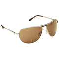 Sunglasses with a metallic frame and brown tinted lenses sit upright showcasing their sleek design and stylish appearance suitable for sunny outdoor environments