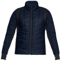 A dark blue quilted jacket with a high collar is displayed. The jacket features long sleeves and contrasting side panels, suitable for cold weather wear in casual or outdoor settings.
