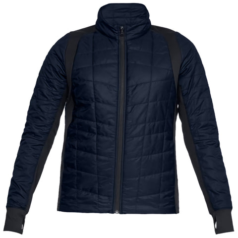 A dark blue quilted jacket with a high collar is displayed. The jacket features long sleeves and contrasting side panels, suitable for cold weather wear in casual or outdoor settings.