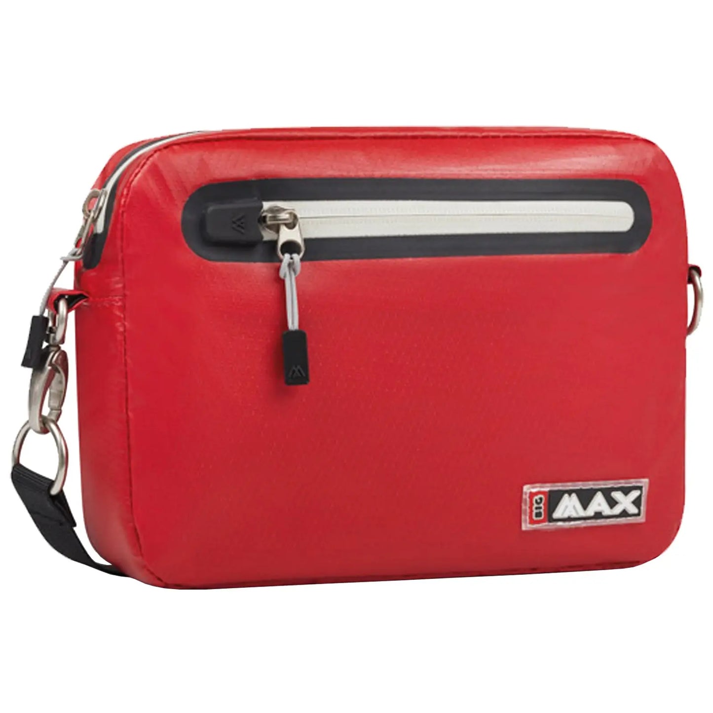 A red rectangular bag with a white zipper pocket and an adjustable strap sits on a flat surface showcasing a sleek design and a logo on one side.