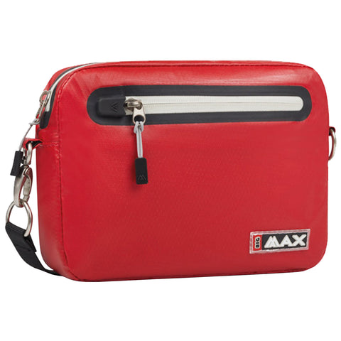 A red rectangular bag with a white zipper pocket and an adjustable strap sits on a flat surface showcasing a sleek design and a logo on one side.