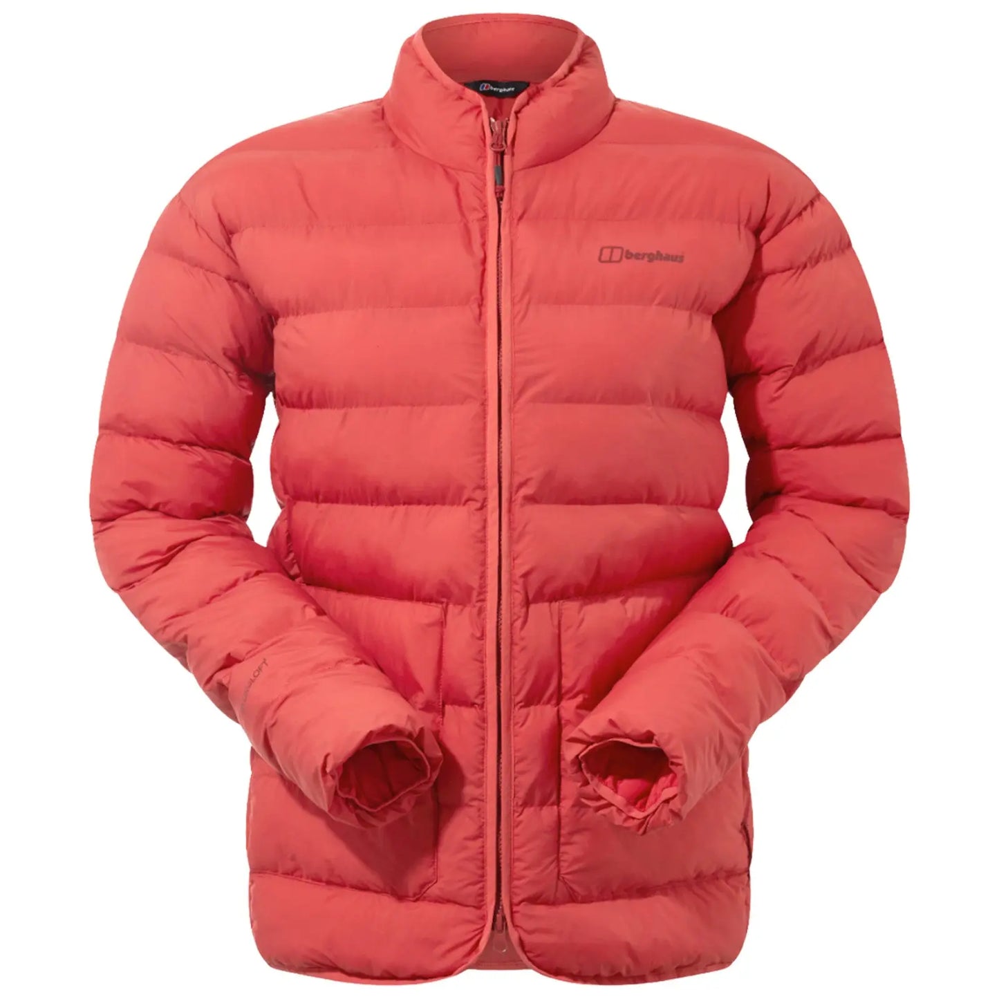 A bright red puffer jacket is displayed with a standing collar and front zipper. The sleeves are slightly extended showing the cuff details, emphasizing warmth and comfort.