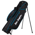 A black and blue golf bag stands upright on its legs with zippers and compartments for organizing golf equipment featuring the brand name Ben Sayers prominently displayed on the side.