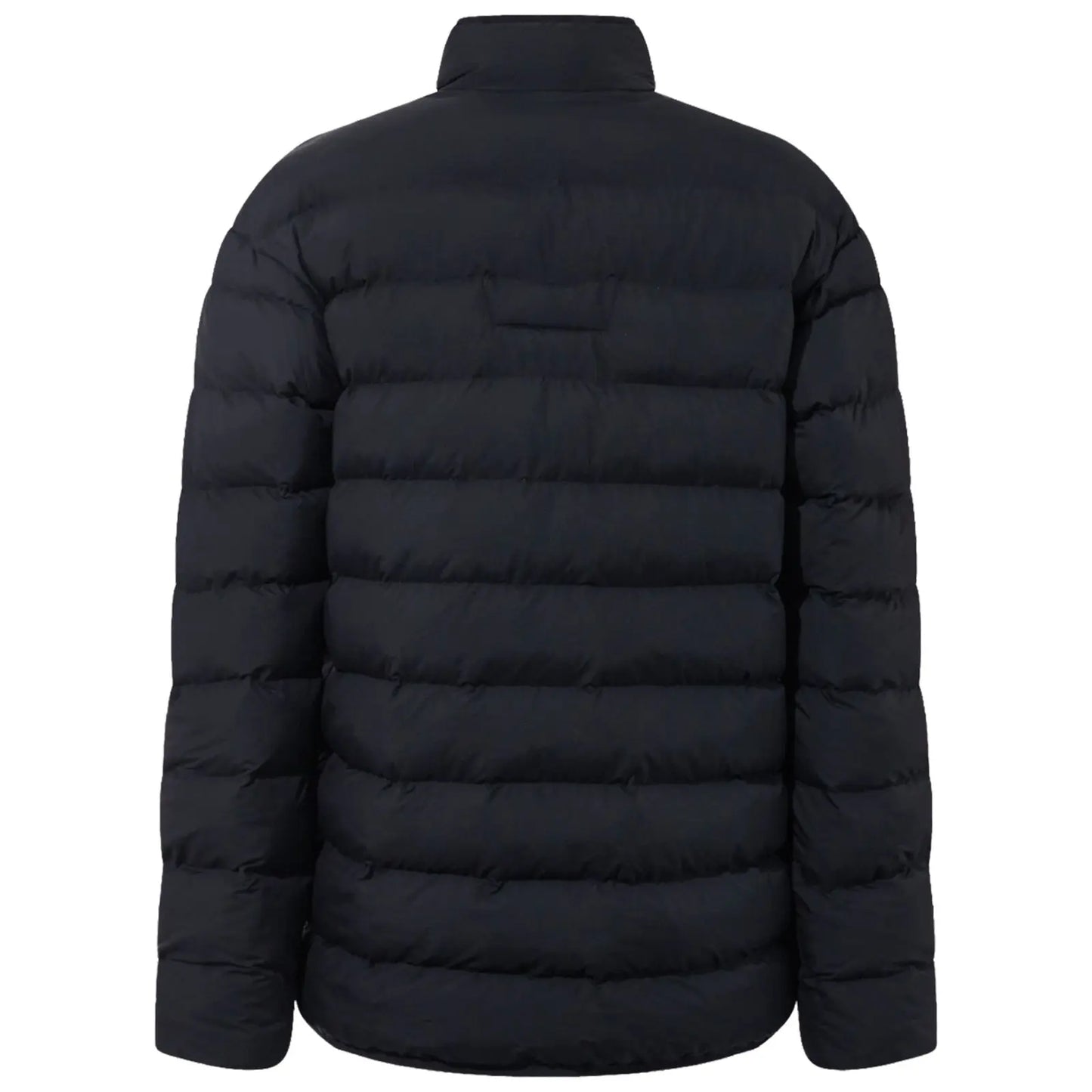 A black puffer jacket hangs vertically displaying its quilted design. It has a high collar and long sleeves, suited for cold weather, set against a plain background.
