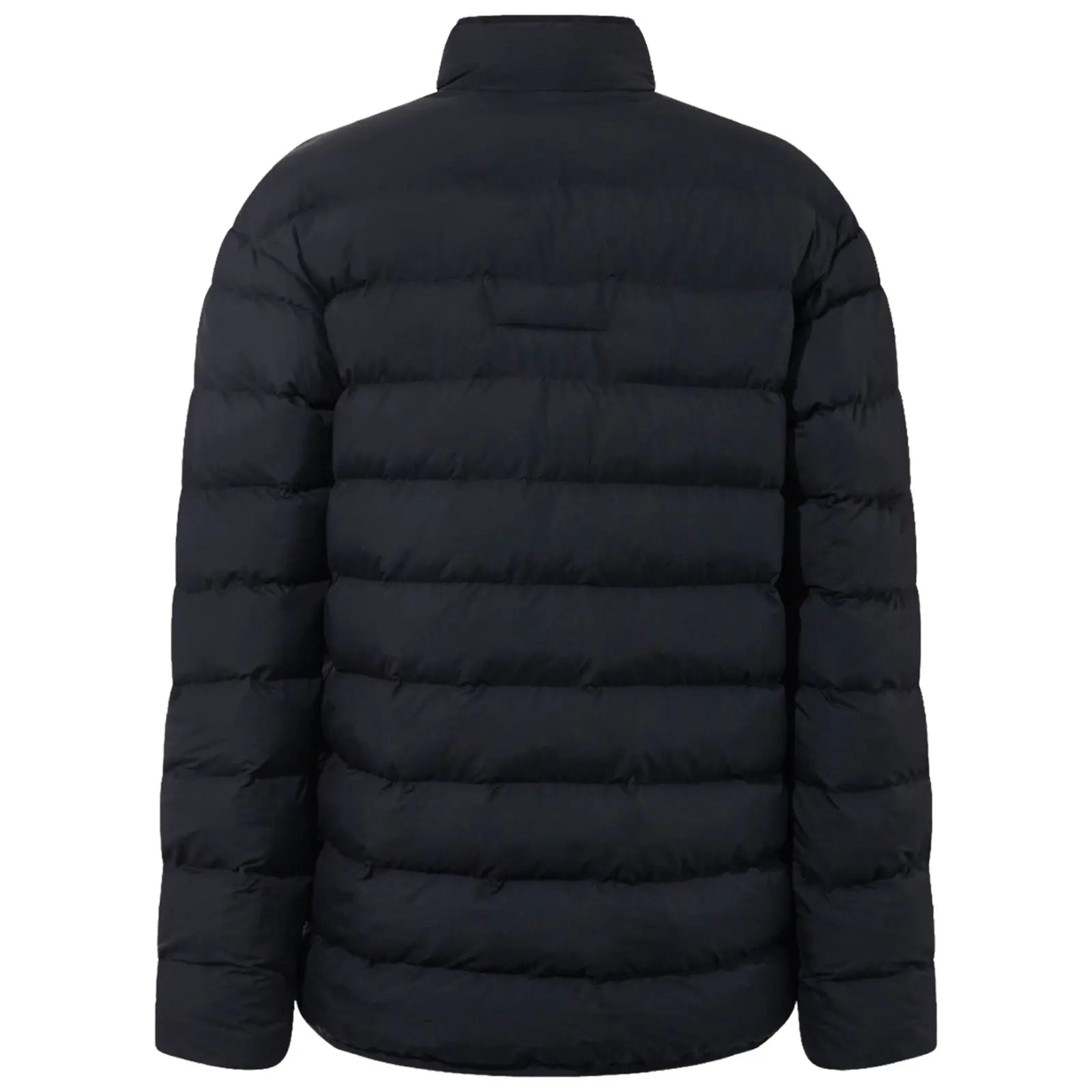 A black puffer jacket hangs vertically displaying its quilted design. It has a high collar and long sleeves, suited for cold weather, set against a plain background.