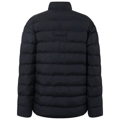 A black puffer jacket hangs vertically displaying its quilted design. It has a high collar and long sleeves, suited for cold weather, set against a plain background.