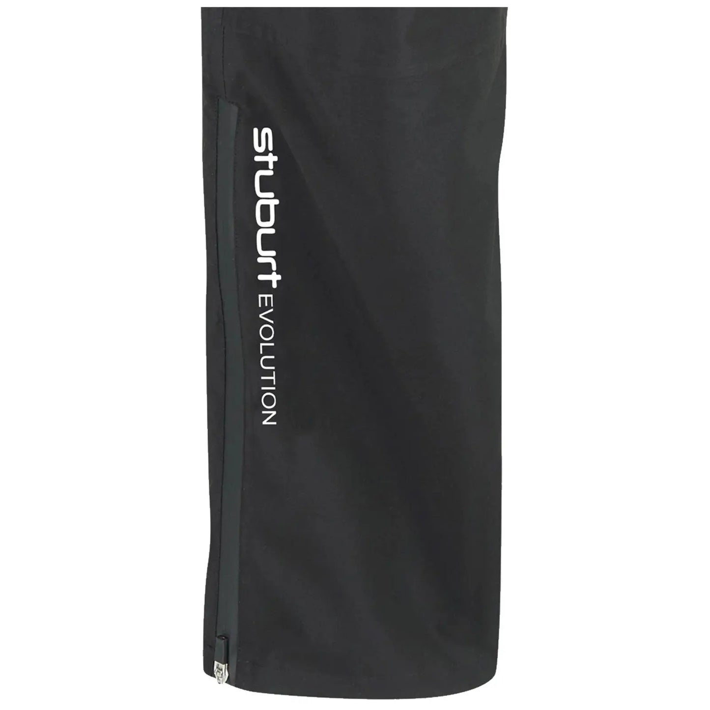 A black golf rain pant is displayed featuring a zippered pocket and the text "stuburt EVOLUTION" printed vertically in white on the side. The fabric appears smooth and functional for wet conditions.