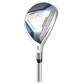 A golf club head is displayed upright featuring a sleek metallic finish with blue accents the club is labeled as a 4 hybrid with a loft of 23 degrees
