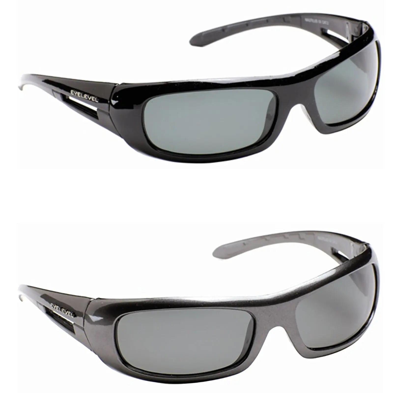 Sunglasses are displayed with two pairs stacked. The top pair is sleek black with green lenses and the bottom pair has a silver finish with similar lenses.