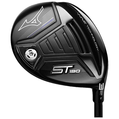 A black golf club head with sleek contours and a shiny finish features angled lines and a logo. It is designed for power and precision in golfing contexts.