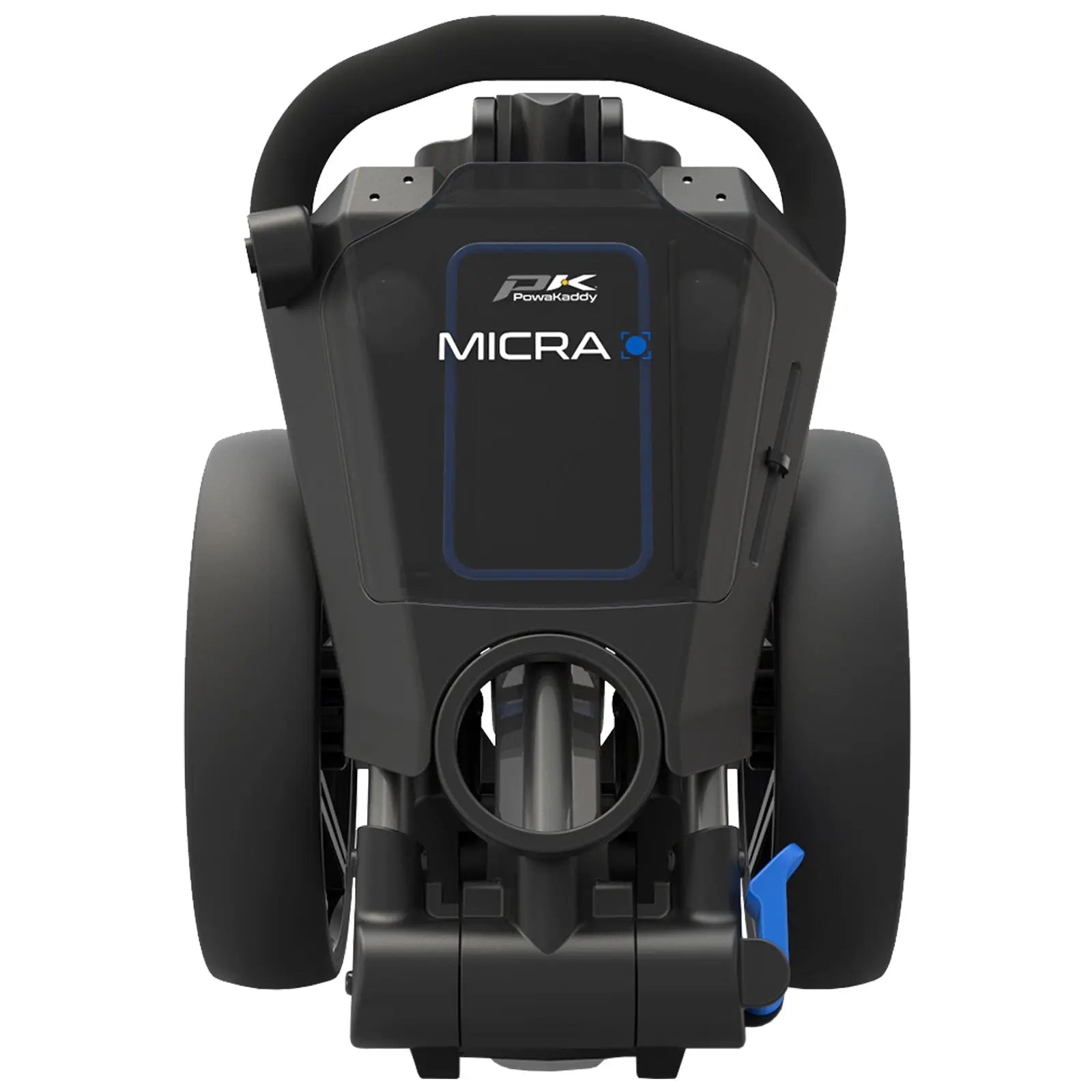 A black electric golf trolley showcases a compact design with two large wheels and a handle for maneuvering positioned centrally. It appears ready for use on a golf course. The brand and model label reads PowaKaddy MICRA.