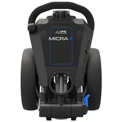 A black electric golf trolley showcases a compact design with two large wheels and a handle for maneuvering positioned centrally. It appears ready for use on a golf course. The brand and model label reads PowaKaddy MICRA.