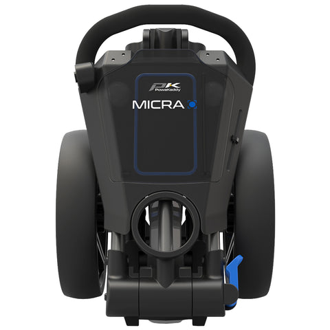 A black electric golf trolley showcases a compact design with two large wheels and a handle for maneuvering positioned centrally. It appears ready for use on a golf course. The brand and model label reads PowaKaddy MICRA.