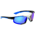 Sunglasses with a sleek design feature mirrored blue lenses and a combination of black and blue frames resting in a neutral background, suggesting outdoor or sporty use.