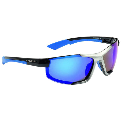 Sunglasses with a sleek design feature mirrored blue lenses and a combination of black and blue frames resting in a neutral background, suggesting outdoor or sporty use.