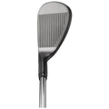 A golf club head is positioned upright showing its flat striking surface and grooves suggesting it is ready for use on a golf course or driving range environment