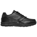 A black athletic shoe made of smooth leather sits upright showcasing its design with a cushioned sole and laces emphasizing practicality for casual or active wear.