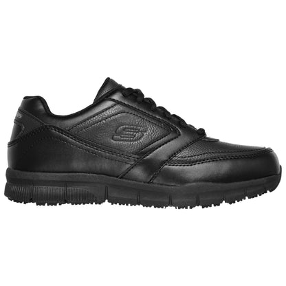 A black athletic shoe made of smooth leather sits upright showcasing its design with a cushioned sole and laces emphasizing practicality for casual or active wear.