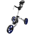 A golf push cart with a sturdy frame features three large blue wheels and a handle. It is designed for transporting golf bags across various terrains while providing stability and ease of maneuverability.