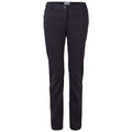 Black pants are displayed standing upright featuring a button closure and pockets showcasing a smooth fabric in a simple design suitable for casual or formal wear.