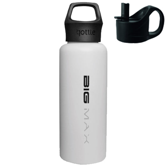 A white water bottle stands upright with the label BIG MAX visible the black cap is positioned off to the side suggesting it can be removed for drinking or refilling.