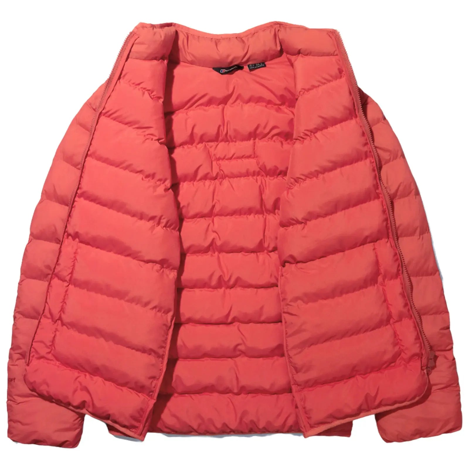 A coral puffer jacket is displayed open with its interior showing the quilted design and the zipper on one side is unfastened in a neutral background.
